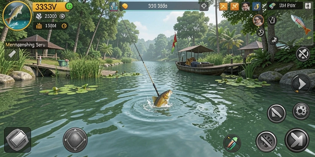 Tampilan gameplay seru dalam 333V saat menangkap ikan besar.