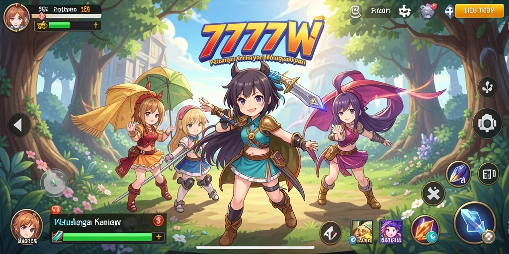 Tangkapan layar gameplay 7777W dengan karakter anime yang menarik.