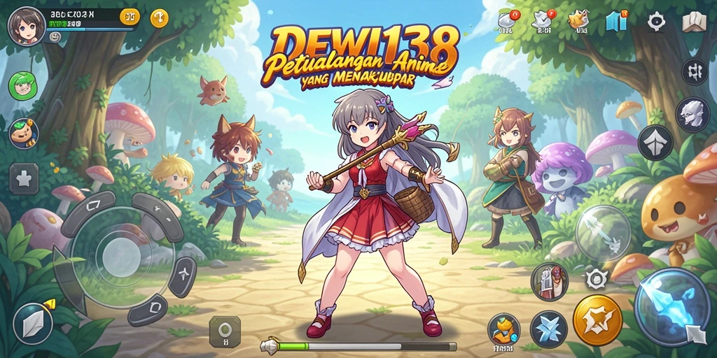 Tampilan gameplay seru DEWI138 dengan karakter anime berwarna-warni.