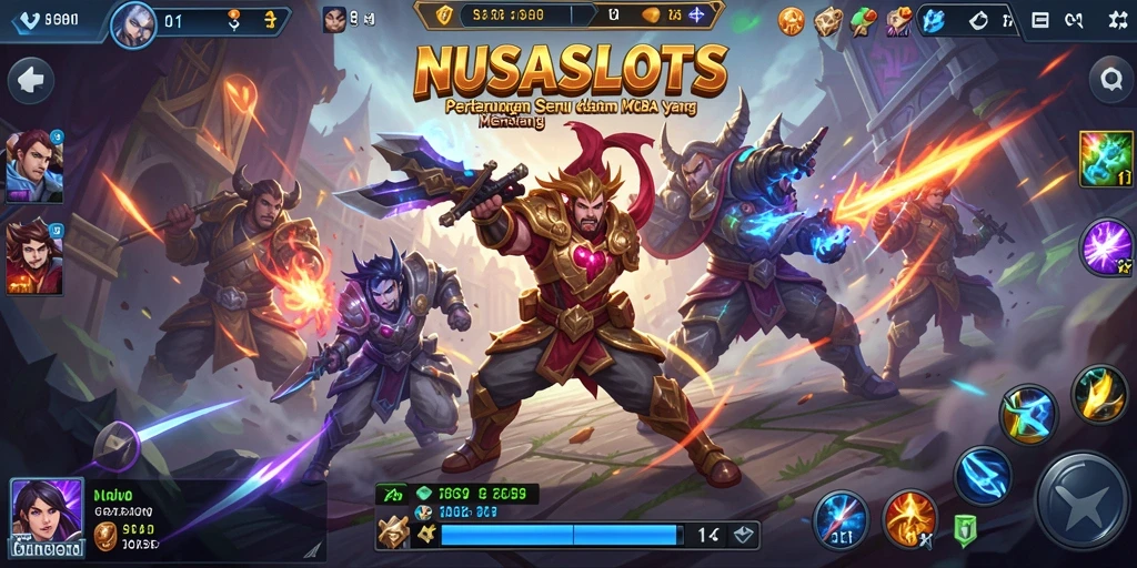 Screenshot utama NUSASLOTS menunjukkan pertarungan mendebarkan antar karakter.