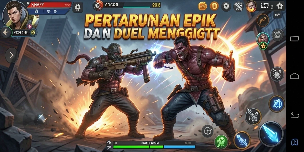 Tampilan pertarungan mendebarkan dalam NV77 dengan aksi yang intens.