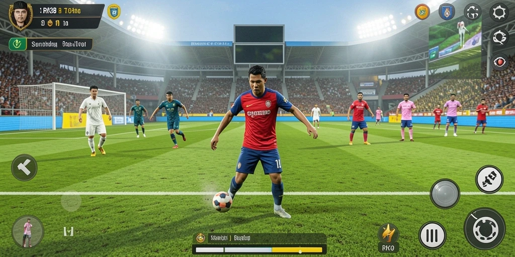 Tampilan gameplay RK88 dengan aksi sepak bola yang mendebarkan.